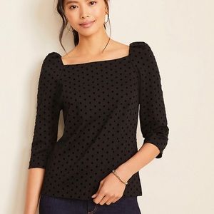 Ann Taylor Velvet Dot Puff Sleeve Square Neck Top